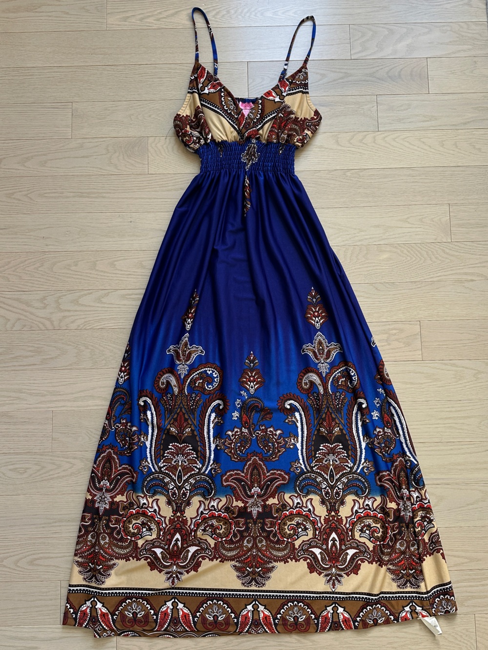 ♥️🔥 Blue Paisley Maxi Dress with Cream & Brown Accents